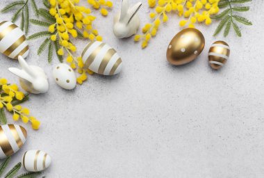 Mimosa şubesi, paskalya yumurtaları gri beton arka planda. Metin için yeri olan güzel Paskalya bahar arkaplanı.
