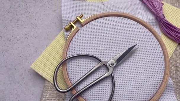 Embroidery Hoop Fabric Thread Other Accessories Table — Stock Video