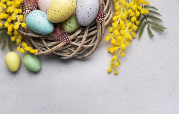 Lähikuva Pastellivärisistä Pääsiäismunista Pienessä Korissa Koristeltu Keltaisilla Kevätkukilla Symboloi Pääsiäisjuhlaa — kuvapankkivalokuva