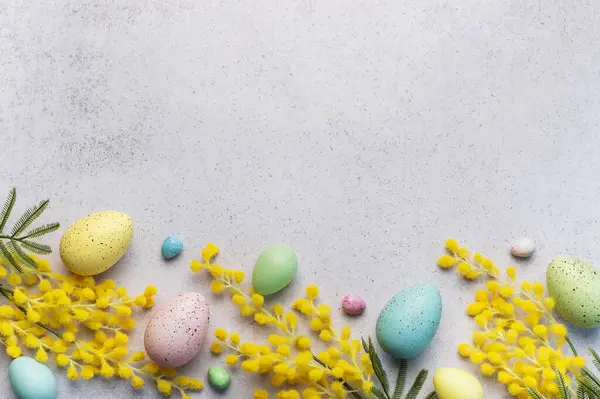 Dette Bildet Har Festlig Påskearrangement Pastellfargede Egg Lyse Gule Mimosa – stockfoto