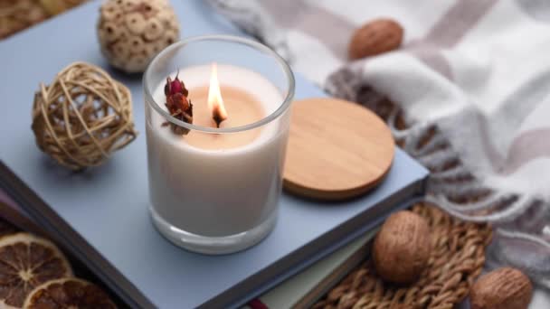 Aromatische Kaars Tafel Sojakaarsen Een Pot Aromatherapie Ontspannen Spa Thuis — Stockvideo