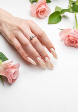 Güzel inci manikürlü ve pembe gül çiçekli beyaz bir zemin üzerinde kadın elleri