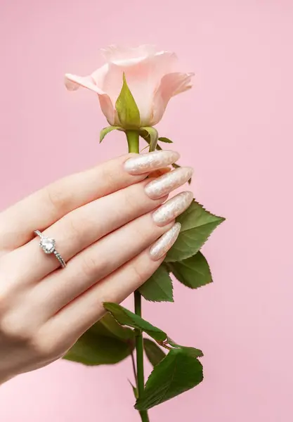 Skin care. Hands with pink rose.   Beautiful woman's nails with  pearl manicure and rose on pink background