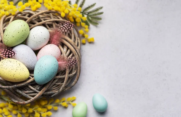 Close View Pastel Colored Easter Eggs Small Basket Decorated Yellow Royalty Free Stock Images