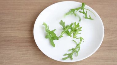 Arugula yaprakları beyaz tabağa düşüyor. Üst görünüm