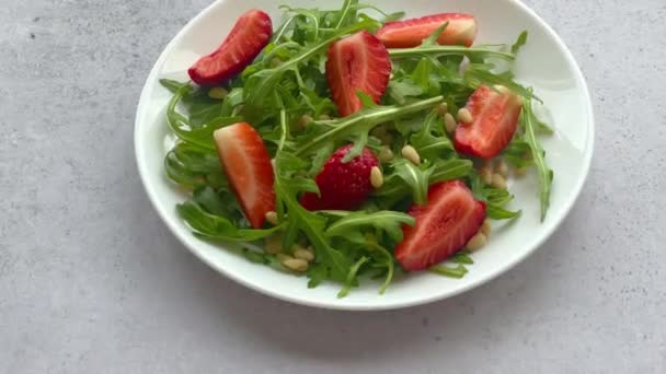 Vitamin Salad Strawberry Arugula Vegan Food Summer Salad — Stock Video