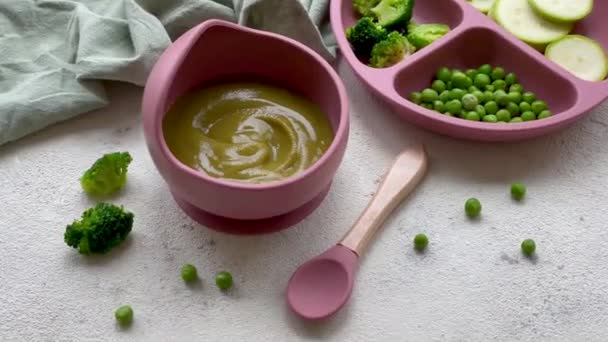 Zdrowe Jedzenie Dla Dzieci Misce Przecier Warzywny Dla Niemowląt Brokułami — Wideo stockowe