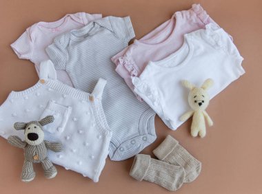 Yeni doğan bebek için pembe kıyafetler ve aksesuarlar. Örgü oyuncaklar tavşan ve köpek, şamata, çorap ve el bandı. Bebek partisi konsepti. Düz yatış, üst yaşam