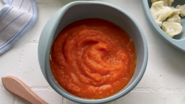 Υγιείς Παιδικές Τροφές Μπολ Πολτός Λαχανικών Βρεφικής Διατροφής Καρότο — Αρχείο Βίντεο
