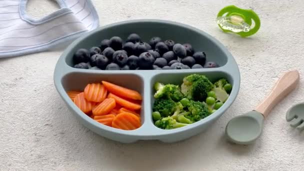 Semangkuk Plastik Bayi Brokoli Blueberry Dan Wortel Makanan Bayi Yang — Stok Video