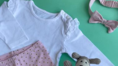 Bebek kıyafetleri, pantolonlar, çoraplar ve örgü oyuncaklar. Bebek kıyafetleri ve aksesuarlar. Düz yatış, üst görünüm