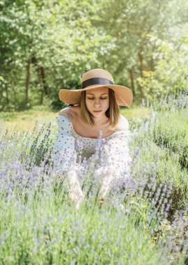 Genç ve güzel bir kadın lavanta çiçeği topluyor.