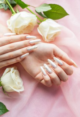 Güzel inci manikürlü ve beyaz güllü kadın elleri