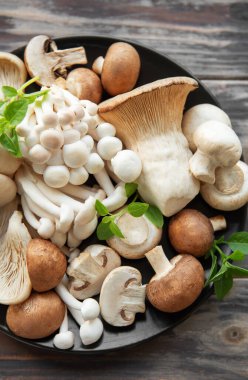 Ahşap arka planda çeşitli mantarlar var.