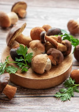 Değişik taze mantarlar ahşap bir tabakta sanatsal olarak sergilenir. Mutfak ortamında yeşil otlarla çevrili..