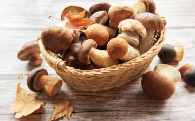 Örülmüş sepet mantar çeşitleriyle dolup taşar. Kurumuş sonbahar yapraklarının yanında, kırsal ahşap bir masa üzerine dizilmiş sıcak, mevsimsel bir atmosfer yaratır..