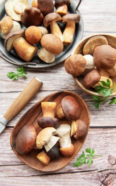 Tahta kaseler ve metal tepsilerde çeşitli taze toplanmış mantarlar sergileniyor. Yanında da bir bıçak ve yeşil garnitür bulunuyor. Yemek pişirmek için birebir..