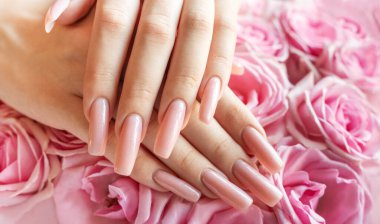 Narin eller, güzel manikürlü uzun tırnaklar sergiliyor. Serin ve zarif bir atmosfer yaratan pembe güllerle tamamlanmış..