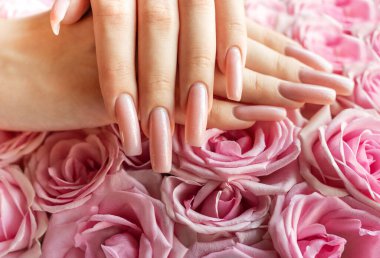 Narin eller zarif uzun tırnaklar sergiliyor. Güzel bir ombre efektiyle canlı pembe güller arasında. Huzurlu ve büyüleyici bir atmosfer yaratıyor..
