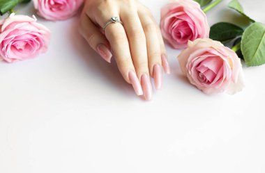 Beyaz arka planda pembe güllerin yanında mükemmel pembe manikürünü gösteren bir kadın.