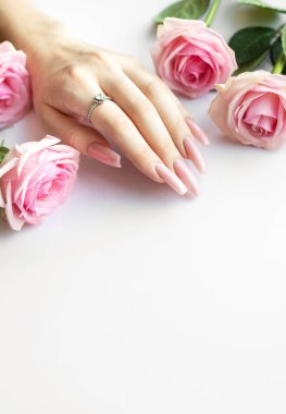 Beyaz arka planda pembe güllerin yanında mükemmel pembe manikürünü gösteren bir kadın.