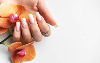 Beyaz arka planda turuncu orkide çiçekleri tutan şık, çıplak manikürlü bir kadın eli.