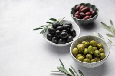 Taze zeytin dallarıyla servis edilen çeşitli zeytinler Akdeniz mutfağı sahnesini oluşturur.