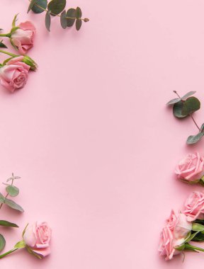 Pembe güller ve okaliptüs yaprakları pastel pembe bir fon üzerine dizilmiş.