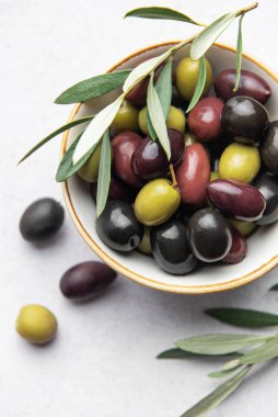 Mermer masa üzerinde sunulan yapraklı renkli zeytinlerin çeşitliliği