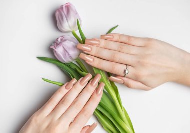 Beyaz arka planda mor laleler tutan kusursuz çıplak manikürlü bir kadının elleri.