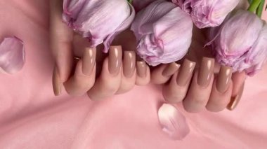 Mükemmel kahverengi manikürlü kadın elleri pembe arka planda lalelerle