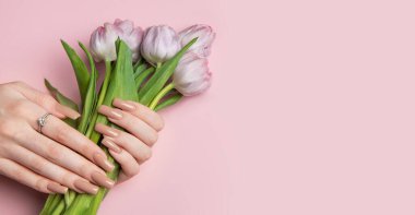 Zarif manikürlü bir kadın pembe arka planda taze mor laleler tutuyor. Güzellik salonu konsepti.