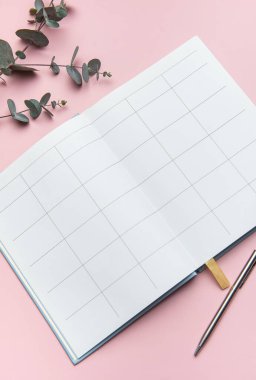 Boş sayfalar, kalem ve okaliptüs yapraklı, pembe arka planda, davetkar planlama ve organizasyon içeren bir defter aç