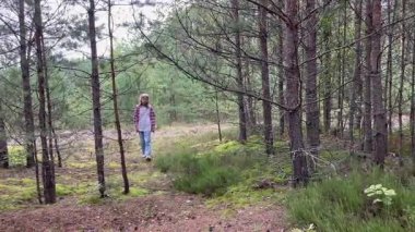 Çam ormanlarında yürüyen genç bir kız 