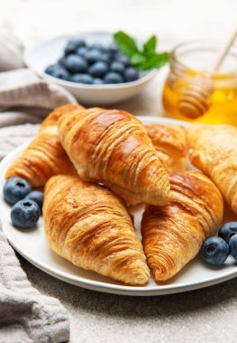 Lezzetli altın kruvasanlar tatlı bir kahvaltı için taze yaban mersini ve bal dolu beyaz bir tabakta servis edilir.