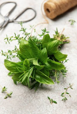 Fesleğen, biberiye, kekik ve nane gibi taze bitkiler mutfak masasında bir araya getirilir, makas ve sicimle birlikte kullanılmaya hazırdır.