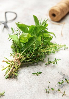 İçinde kekik, biberiye, fesleğen ve nane de var. Mutfak tezgahında sicimle bağlanmış, pişirmeye hazır.