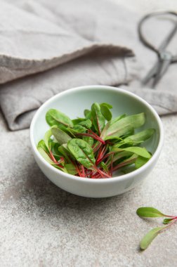 Kırmızı pazı mikroçipleri küçük bir kasede servis edilir. Bu da sağlıklı ve taze bir mutfak deneyimi olduğunu gösterir.