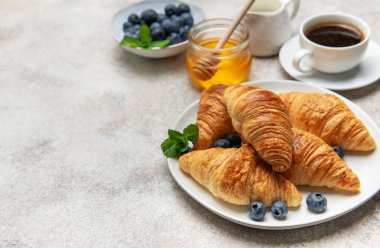 Taze pişmiş kruvasanlar beyaz bir tabakta yabanmersini, bal ve bir fincan kahveyle servis edilir, cezbedici bir kahvaltı sahnesi yaratır.