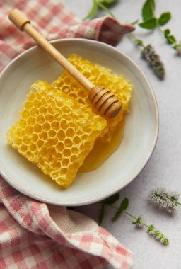 Seramik bir kasede taze nane filizleriyle taze bal peteği ve bal kaplaması tatlı ve doğal bir görüntü yaratıyor.