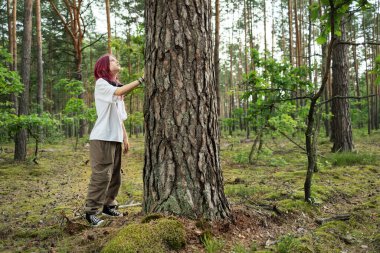 Genç biyolog ormanı keşfediyor ve yerel ekosistemi inceliyor, büyük bir ağaca dokunuyor.