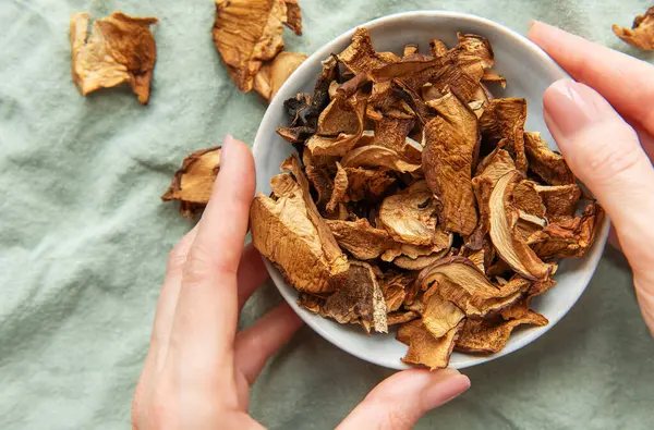 Bir kâse kurutulmuş mantarı tutan bir kadının elleri mutfak malzemesi sergiliyor.