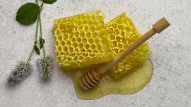 Beyaz arka planda naneli bal petekleri ve bal çubuğu