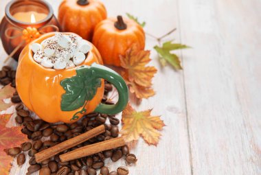 Marşmelov ve kakao tozu. Sonbahar temalı balkabağı bardağında sıcak çikolata.