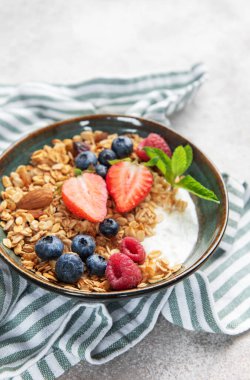 Taze granola, Yunan yoğurdu, çilek, yabanmersini ve ahududu sunan sağlıklı bir kahvaltı kasesi.