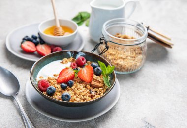 Granola and yogurt bowl topping with fresh strawberries, blueberries, and raspberries
