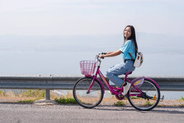 Young Girl Ride Bike Road Mountain Wind Turbine Khao Yai — Stock Photo, Image