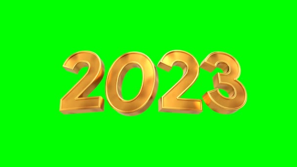 テキスト2023ゴールドカラーで緑の背景3Dイラストレンダリング4K解像度ループビデオ アニメのテキスト幸せな新年2023年 休日とイベントのコンセプト — ストック動画