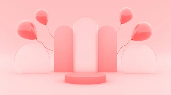 Podium pink with pink balloon. Pink background with pink balloon and glass effect 3d illustration render for your product design flyer and etc