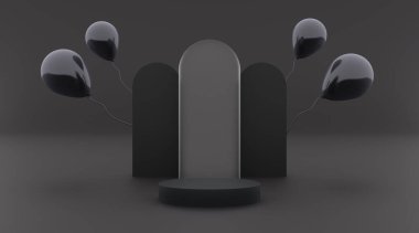 Siyah arkaplan ve daire şeklindeki cam efektli podyum siyahı ürün tasarım broşürünüz için 3d illüName